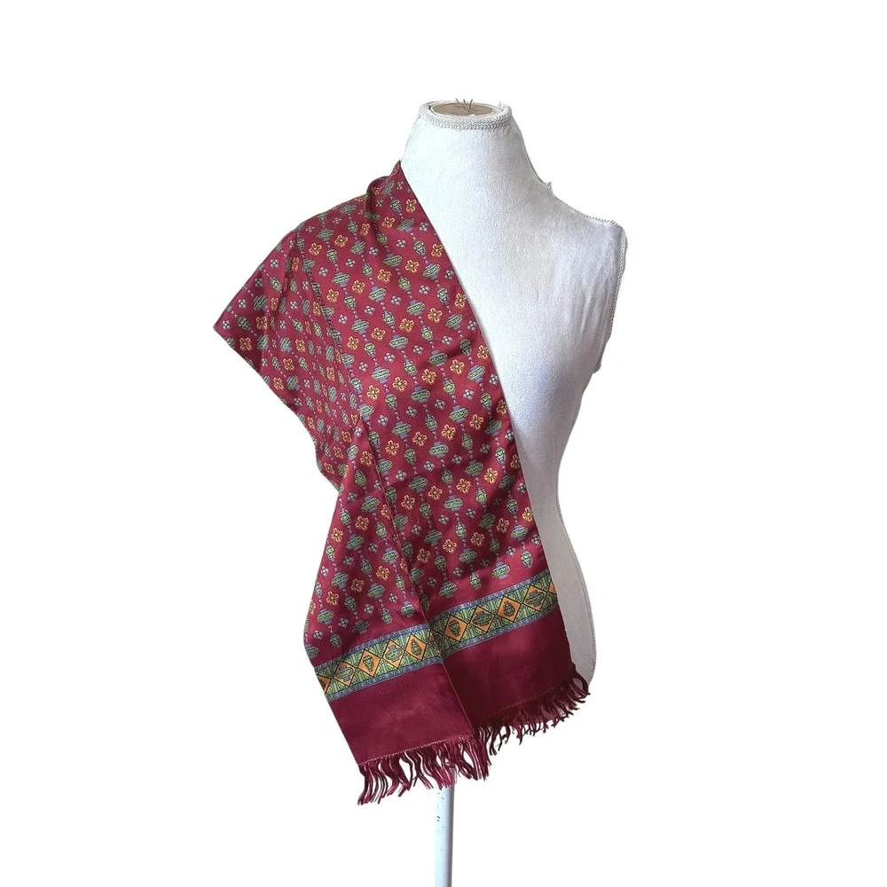 Vintage Pearl Hand Printed Silk Scarf Burgundy Red Vessel Print Fringe One Size